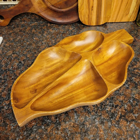 Large Monkey Pod Wood Leaf Shaped Divided Serving Tray Mid Century Modern MCM - Picture 1 of 5